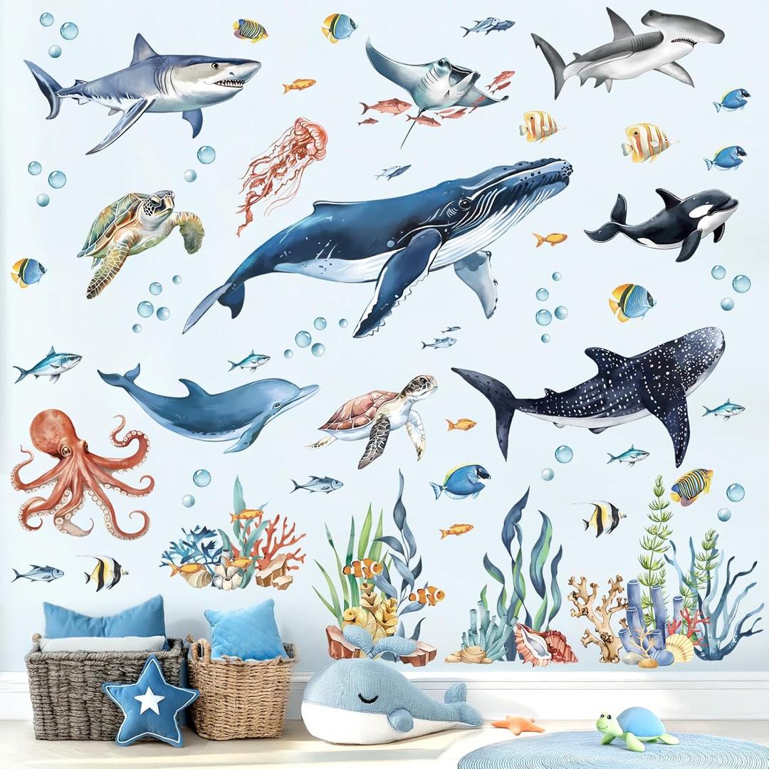decalmile Under The Sea Fish Wall Decals Ocean Animal Sea Turtle Seaweed Whale Wall Stickers Bathroom Baby Nursery Bedroom Living Room Wall Decor