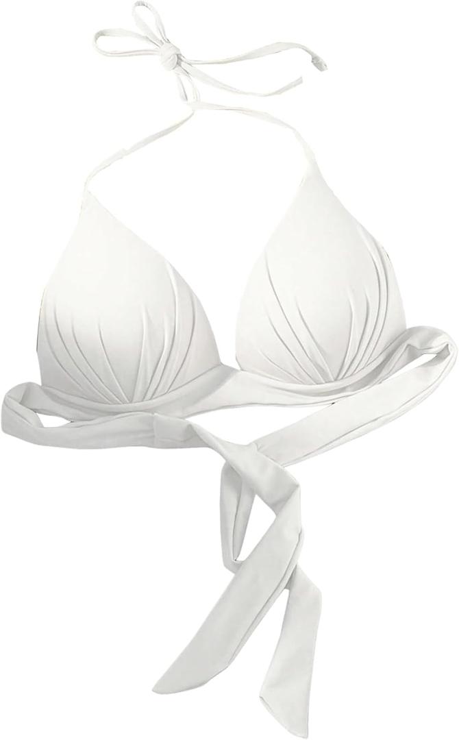 MakeMeChic Women's Halter Bikini Top Tie Back Push Up Backless Triangle Swimsuit Top Beachwear (Medium, White)