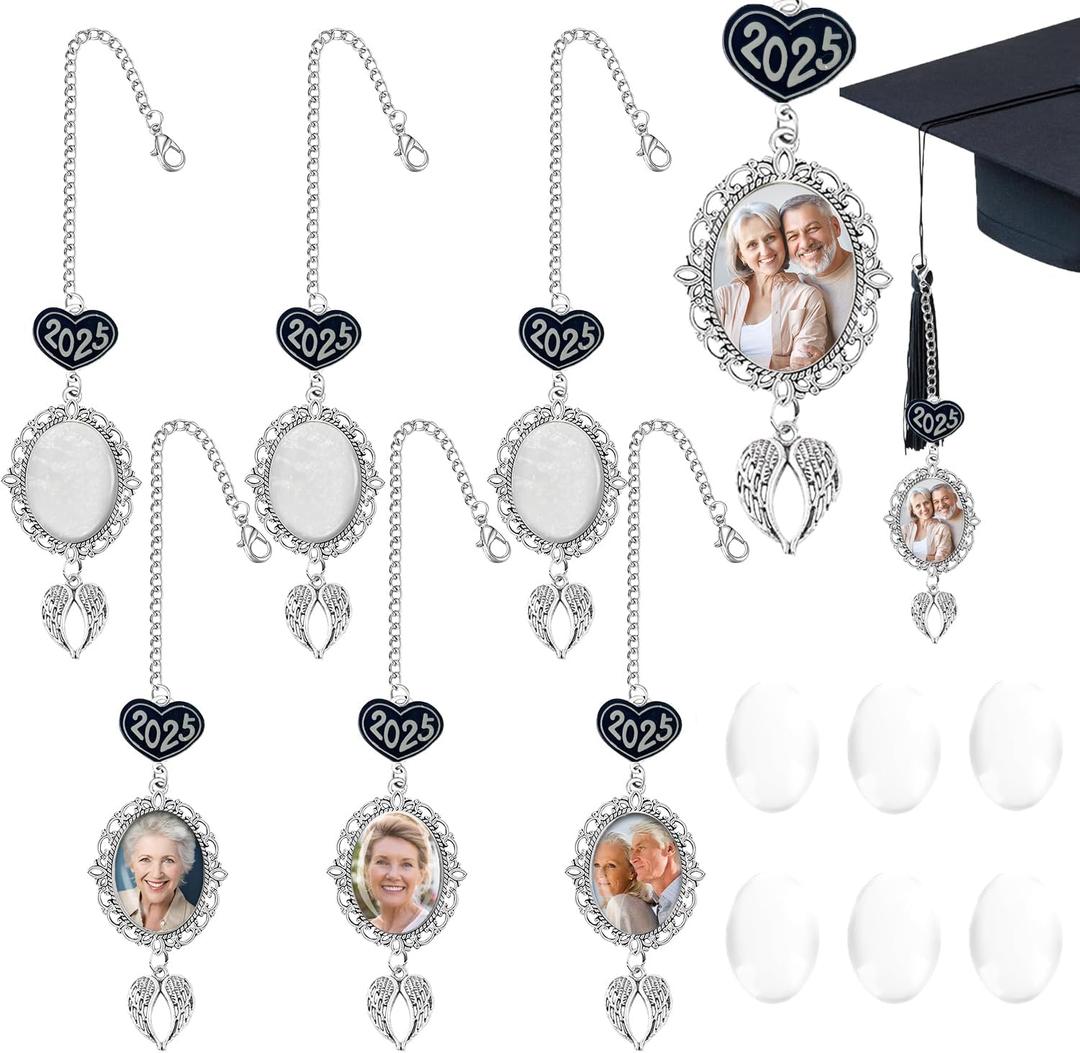 6 Pcs Personalized Memorial Graduation Cap Photo Charm Class of 2025 Tassel Charms DIY Custom Graduate Gifts for Ceremony Picture Decoration, Congratulations Gift, Grad Cap Decorations