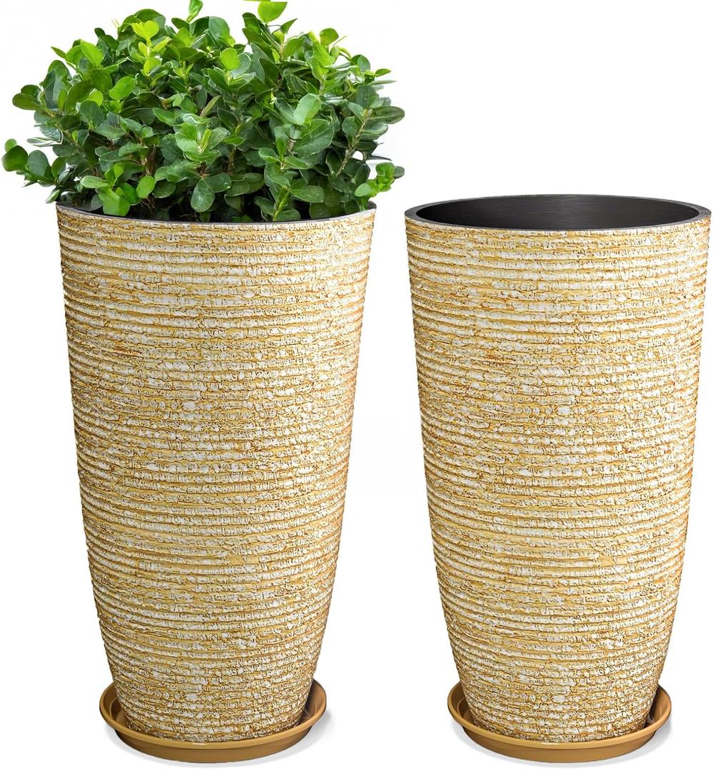QCQHDU Set of 2 9 Gallon Tall Large planters for Outdoor/Indoor Plants of 12" Dia x 21" H Round Flower Pots Set Faux Stone Finish Front Door Patio Square Porch Planters with Tray, Beige, 21IN