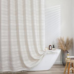 OVZME Extra Long Linen Shower Curtain - 84 Inch Long, Modern Farmhouse Heavy Duty Textured Soft Fabric, Rustic Country Boho Cloth Shower Curtain with Tassel for Bathroom Hotel, 72Wx84L Inches