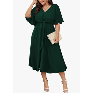 SCOMCHIC Women Plus Size Midi Dresses Wedding Guest Short Sleeve V Neck Tie Waist Casual Summer Flowy A Line Dress, Size 2XL