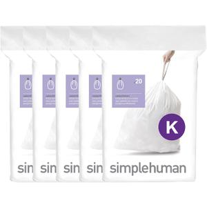 simplehuman Code K 100 Count, Dispenser Pack Custom Fit Liners, Drawstring Trash Bags, 35-45 Liter / 9-12 Gallon, White