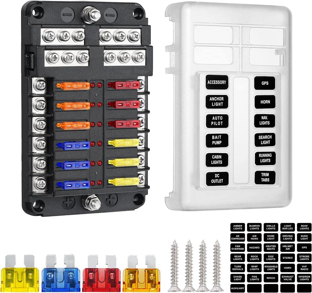 12 Way 12V Blade Fuse Block,12 Circuit ATC/ATO Fuse Box Holder with LED Indicator Waterpoof Cover for 12V/24V Automotive Truck Boat Marine RV Van Vehicle (with 16 pcs Fuse)