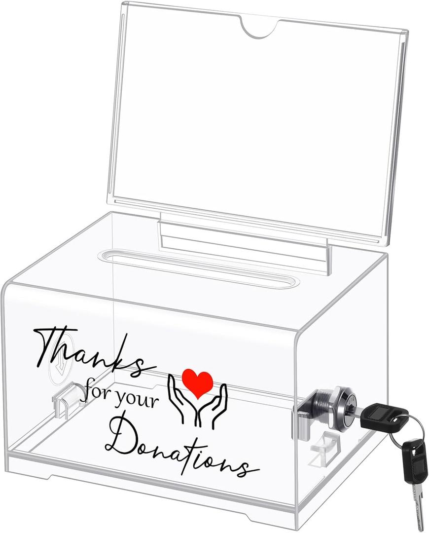 Havawish Clear Donation Box with Lock, 6.3 x 4.72 x 3.94 Inches Acrylic Box Storage Container with Sign Cash Drop with 2 Keys for Fundraising Thanks for Your Donations Jar for Church Office