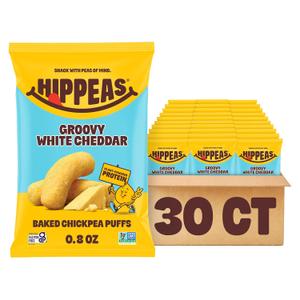 HIPPEAS Chickpea Puffs, Groovy White Cheddar, Gluten Free Snacks, Dairy Free, Vegan, 0.8oz, Pack of 30, 3g Protein, 2g Fiber, Crunchy, Nutritious, Baked Plant Protein Snack, Non-GMO, Kosher (EXP 02/11/25)