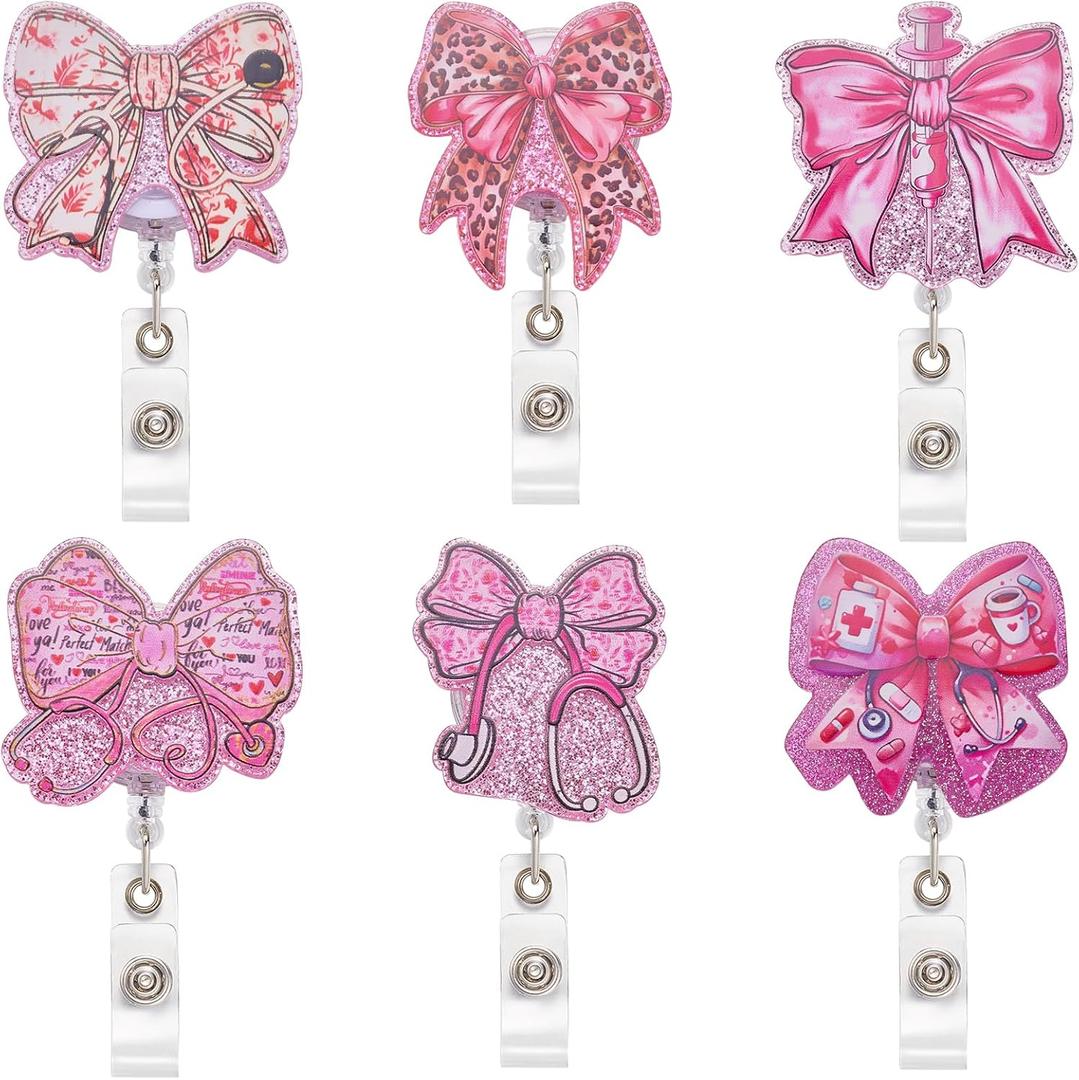BEEFLYING 6Pcs Cute Nurse Badge Reels Pink Bowknot Nurse ID Card Retractable Badge Holder with Alligator Clip for Office School Hospital Teacher Nursing Name Tag Card