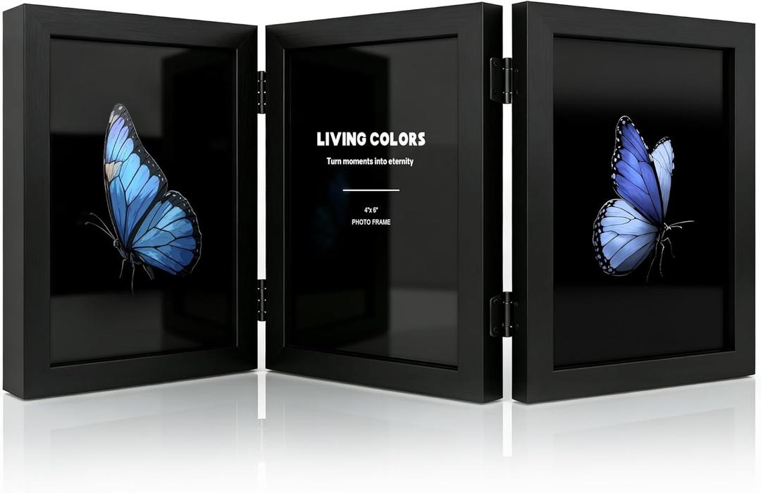 4x6 Picture Frame Hinged, Triple Picture Frames Fold, Wood Photo Frame for Tabletop or Desktop Display Vertically, Black