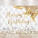 Gold and White Birthday Backdrop 8Wx6H Photography Happy Birthday Bowknot Elegant Bday Girls Women Diamonds Golden Background Modern Luxury Party Decorations Banner Photo Booth Props Supplies