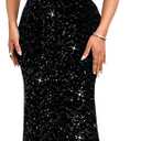 Dasmzper Women Sexy Sequin Off Shoulder Ruffle Short Sleeve Bodycon Mermaid Party Formal Evening Maxi Dress (Black, XXL)