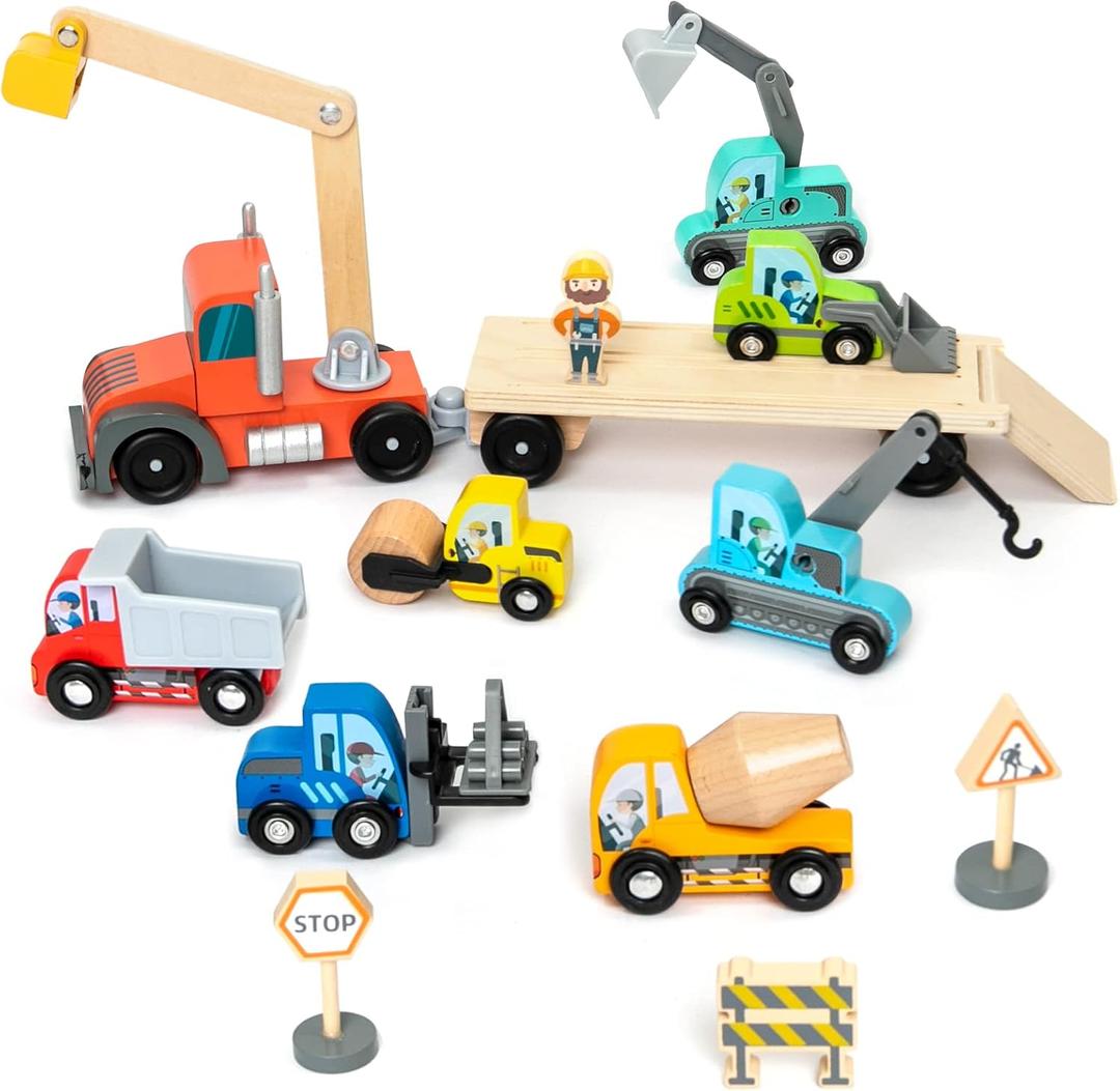 Wooden Construction Site Vehicles with Trailer 14 PCS Set, Vehicle Toys Cars for Toddlers and Kids Ages 3+ Gifts for Boys Girls, Compatible with Thomas and Other Major Brand Train Toy and Railway Set