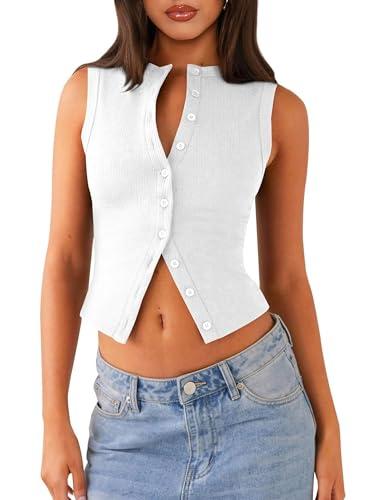 VOROFY Women's Button Down Tank Tops Cropped Ribbed Knit Summer Vest Sleeveless Slim Fit Y2K Going Out Tops (White-XL)