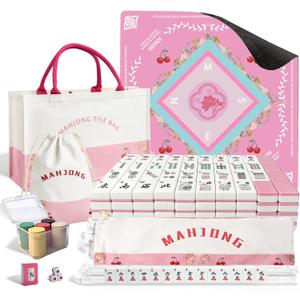 American Mahjong Tiles Set with Noise Reducing Mahjong Mat, 166 Pink Mahjong Game with Portable Storage Bags, 4 All-in-One Color Rack/Pushers, Scoring, Plastic Coins Dices for Adults & Beginners