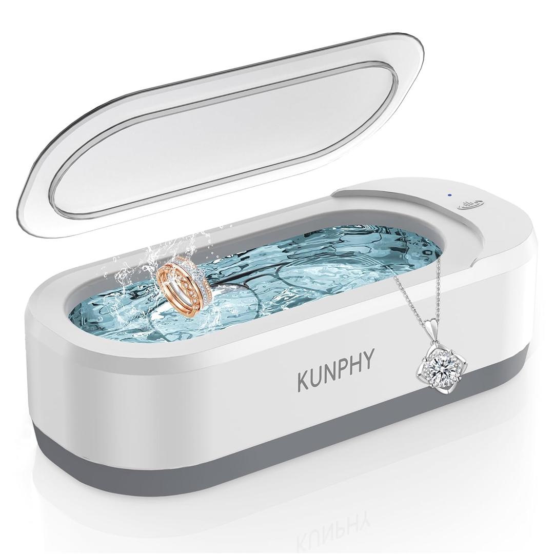 KUNPHY Ultrasonic Jewelry Cleaner, Jewelry Cleaner Machine 12 Oz 46KHz, Professional Sonic Cleaner with One-Touch Operation, Sonic Cleaner for Rings, Glasses, Jewelry, Dentures White
