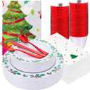 GATHER 176Pcs Christmas Plastic Plates - Heavy Duty Christmas Dinnerware Set Includes 50 Plates, 75 Red Plastic Silverware, 25 Cups, 25 Napkins and 1 Tablecloth for Xmas Party (Green)