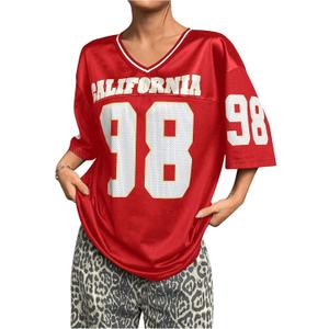 WDIRARA Women's Plus Size Football Jersey Shirts Oversized T Shirt Graphic Letter Print V Neck Short Sleeve Streetwear Top (XXL)