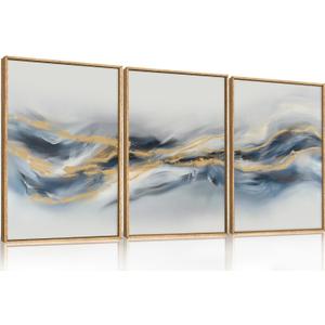 Large Abstract Navy Blue Gold Framed Canvas Wall Art,Watercolor Brush Stroke Wall Decor,Neutral Geometric Wave Artwork,Modern Minimalist Shape Art Print for Living Room,Bedroom,Office-24"x36"x3