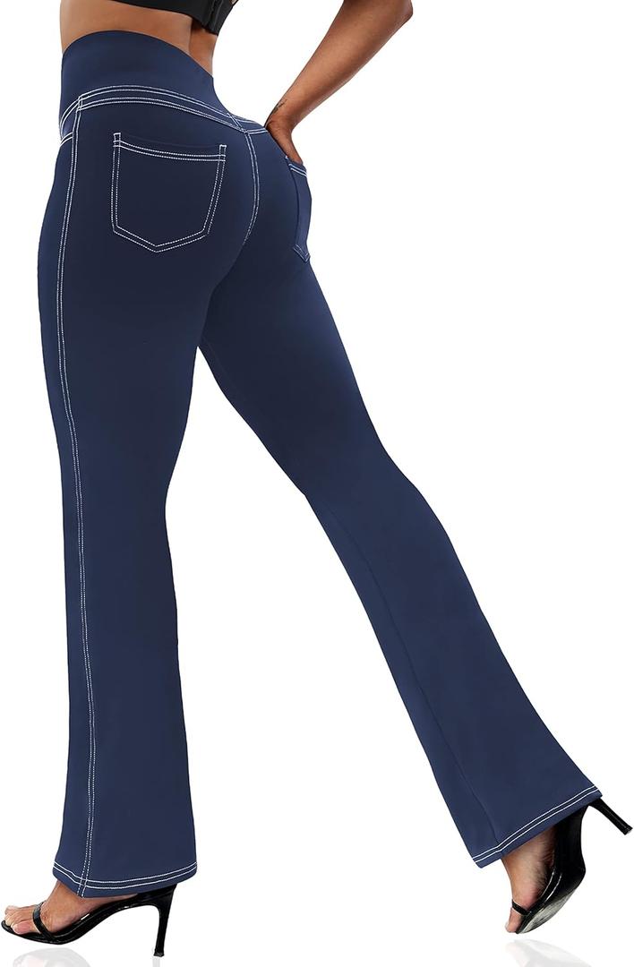 VOOVEEYA Women's Bootcut Leggings - Bootleg Yoga Pants Flare with 4 Pockets,Tummy Control High Waisted Casual Dress Pants (Medium, Bootcut-long Length Navy Blue)