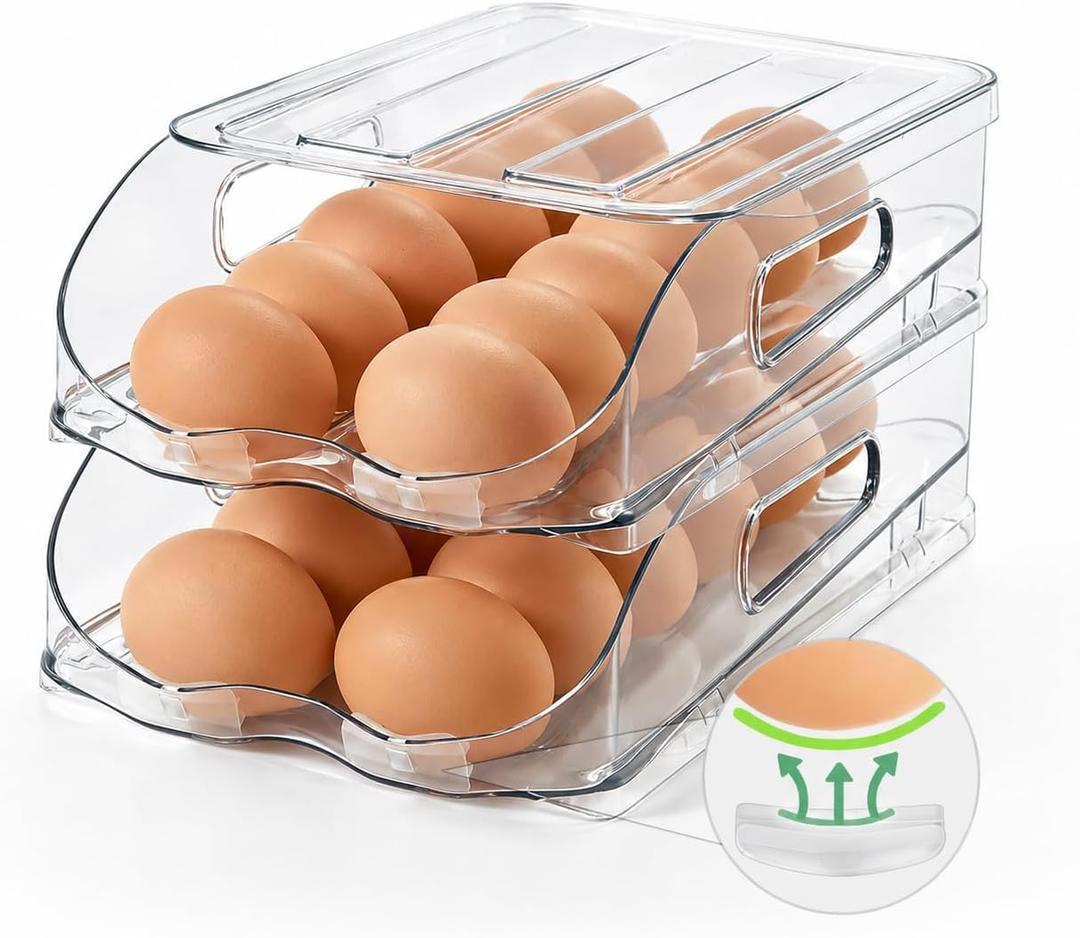 SMRCAD Egg Holder for Fridge, Automatic Steady Rolling Egg Container with Soft Bumpers & Handle for Refrigerator, Stackable Fridge Organizers and Storage with Lid ((M SIZE) 2 Tier Holder 24 Eggs)