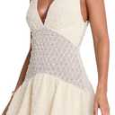 SOLY HUX Women's Summer Crochet Knit Mini Dress Deep V Neck Sleeveless Ruffle Layered A Line Vacation Party Dresses (L)