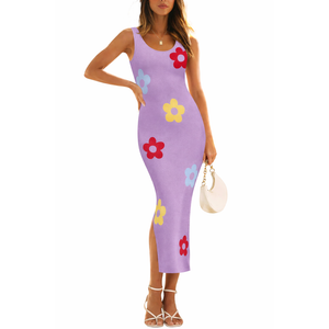 ZESICA Women's Summer Knit Bodycon Midi Dress 2026 Sleeveless Floral Crewneck Color Block Long Beach Party Dresses, Size M