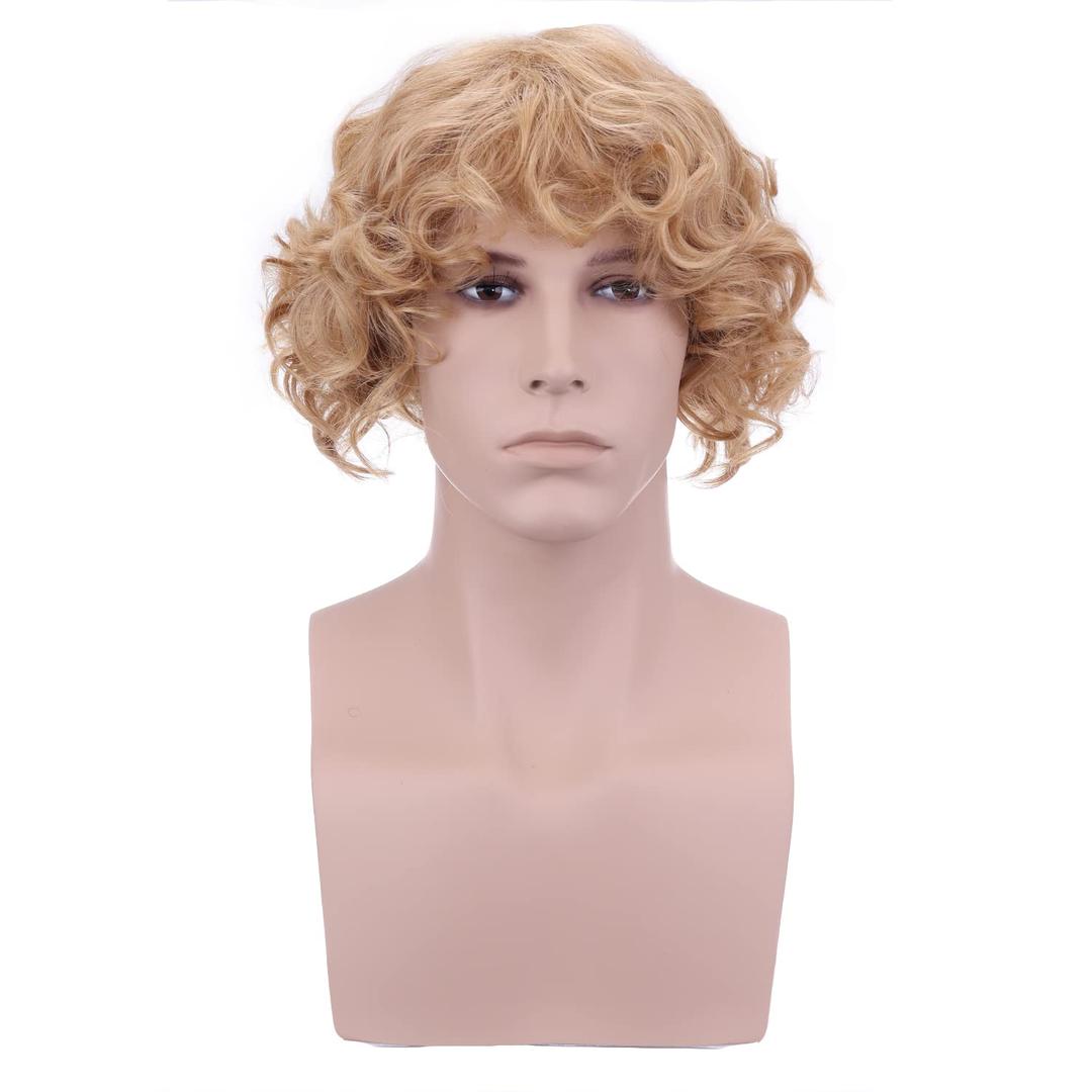 BERON Mens Blonde Wig Layered Curly Blonde Male Wig for Halloween Cosplay Synthetic Wig (New Blonde)