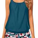 Tempt Me Women Two Piece Tankini Swimsuits Blouson Modest Swim Top Boyshort Bathing Suits (Large, Teal Flower)