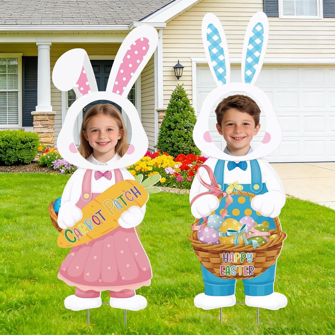 Easter Decorations Yard Signs - 2 Pcs Happy Easter Face Outdoor Large Waterproof Bunny Photography Decor with Stakes for Garden Lawn Patio 42 Inches Spring Holiday Egg Hunt Game Party Props