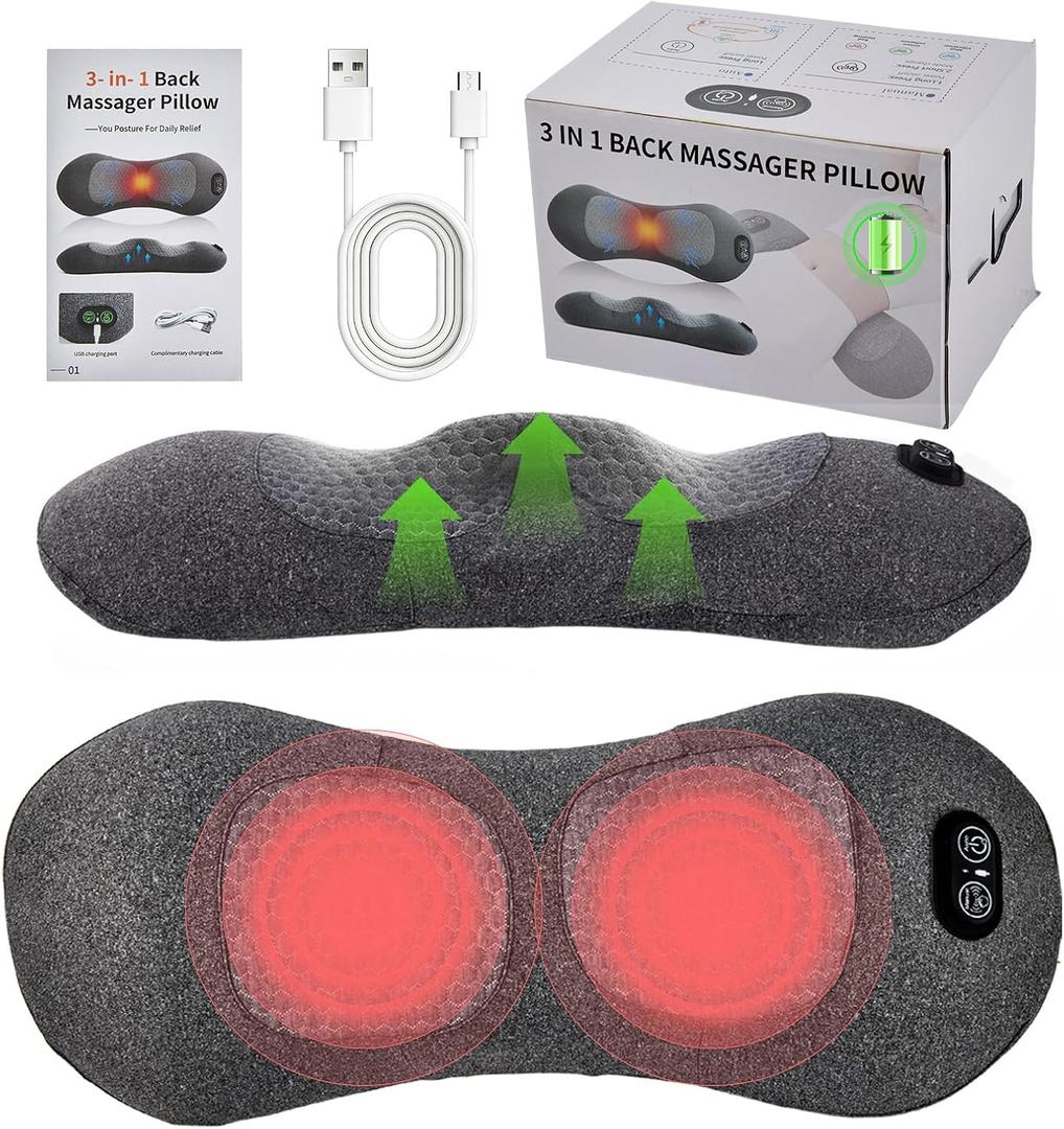 3-in-1 Rechargeable Smooth Spine Triple Fusion Back Massager | Sciatica Pain Relief Devices for Pain Relief Deep Tissue with Heat, Massage, Traction for Sleeping, Office, Car, Home