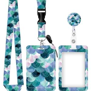 ID Badge Holder with Retractable and Detachable Lanyard, Cute Badge Reel Breakaway Lanyard with Carabiner Clip for Teachers, Nurses, Perfect Work and Office(Beautiful Green Mermaid Scales)
