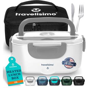 TRAVELISIMO Electric Lunch Box for Adults 80W Heated Lunch Box For Men 1.5L Stainless Steel Portable Food Warmer, 12/24/110V Electric Food Warmers for Travel & Work (Gray)