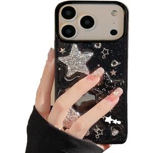 for iPhone 17 Pro Max Case Bling Stars 3D Hearts Diamond Twinkle Star Glitter Y2K Spark Luxury Girly Aesthetic Personalized Design for Women Girls Teens TPU Case, 6.9", Black