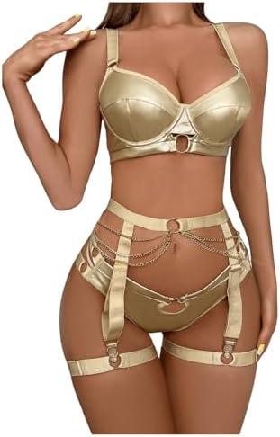 SOLY HUX Women's 3 Piece Lingerie Sets Metallic PU Leather Underwire Garter Belts Lingerie Bra and Panty Set, Large