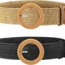 2 Pieces Women Straw Woven Elastic Stretch Waist Belt Skinny Dress Braided Waist Belt with Wooden Style Buckle, Size Name: 39.37 Inches