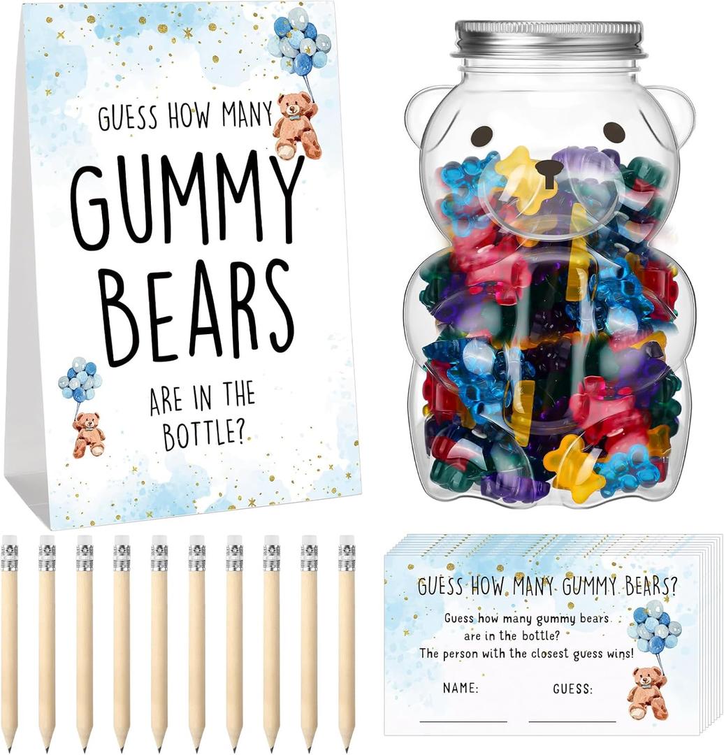 Outus Baby Shower Games Guess How Many Bears Sign 100 Guessing Game Cards 10 HB Pencils 1 Cute Bear Bottle for Guests Gender Reveal Party Favor(Blue)