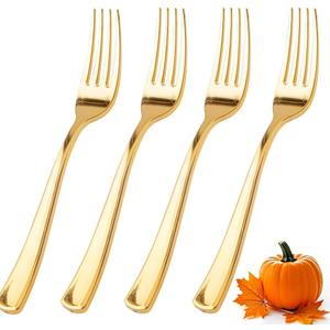 WDF 100 Pcs Gold Plastic Forks Heavy Duty - BPA-FREE, Sturdy&Durable Forks Disposable 7.4inch - Elegant Gold Forks for Dessert, Durable Plastic Cutlery for Thanksgiving Party, Wedding or Daily Using