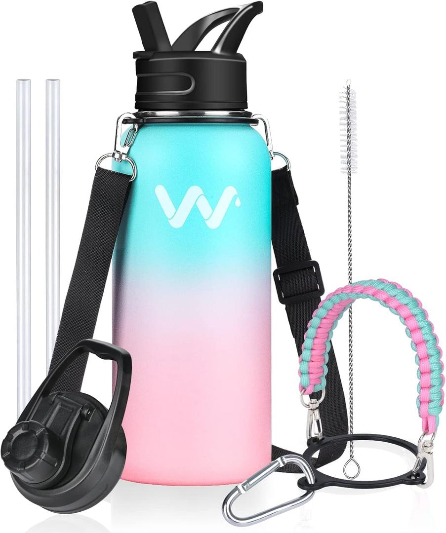 WEREWOLVES Insulated Water Bottle With Paracord Handles & Strap & Straw Lid & Spout Lid,Reusable Wide Mouth Vacuum Stainless Steel Water Bottle for Adults 24 oz (Monde)