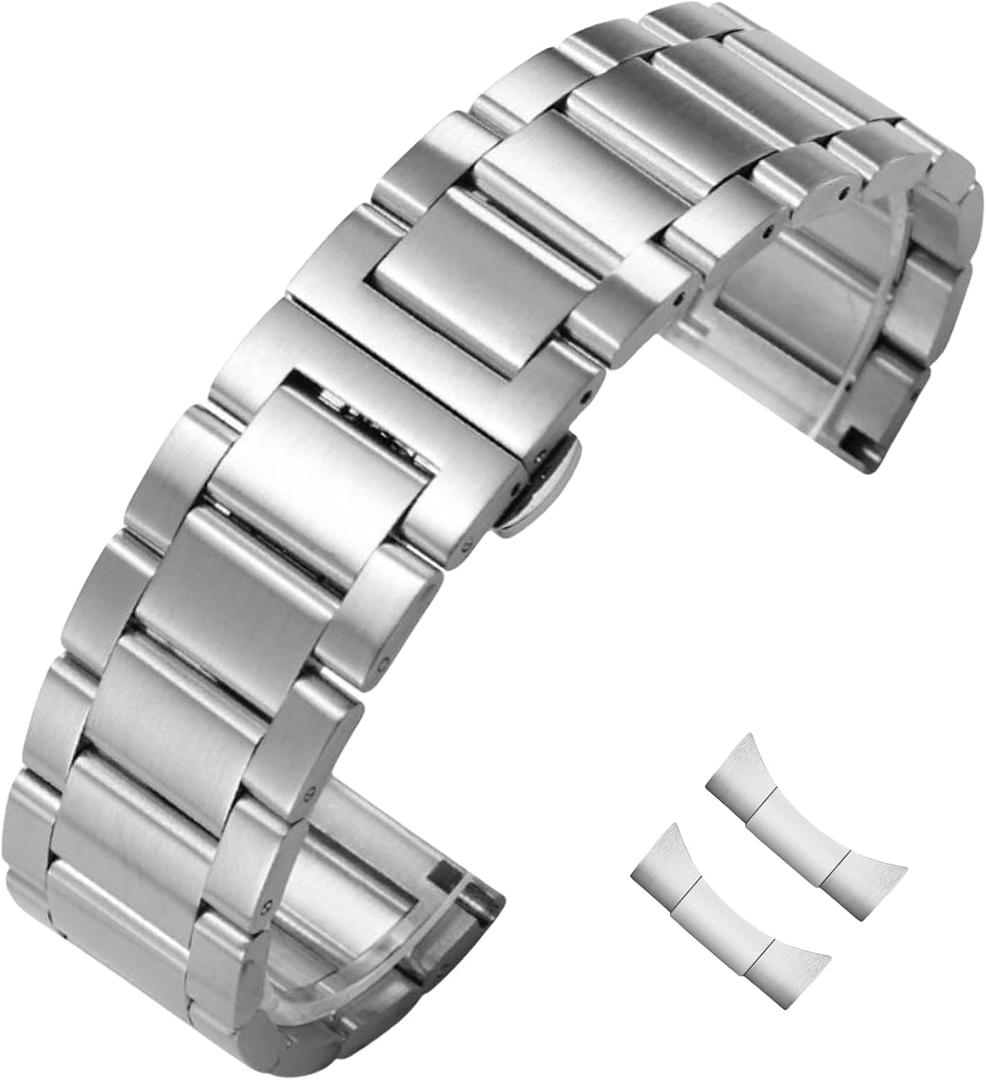 Stainless Steel Watch Band Curved End 20mm-22mm Watch Bracelet Polished Brushed Metal Watch Strap Replacement Band Men Women
