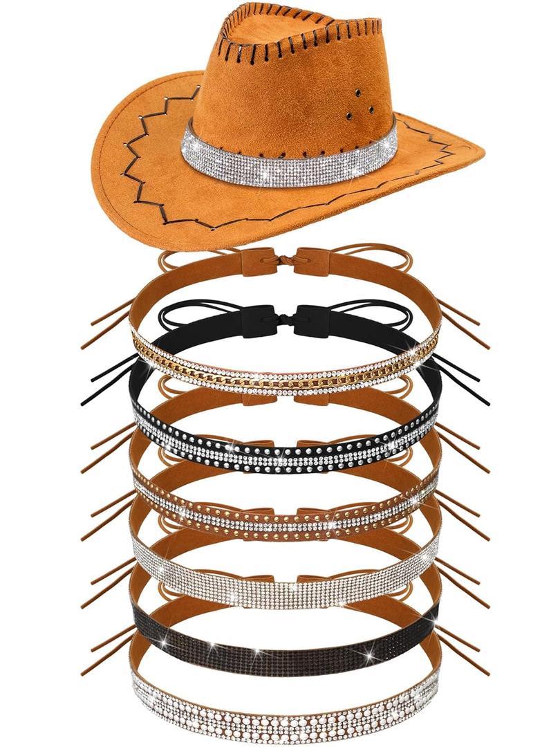 Hotop 6 Pcs Bling Rhinestone Hat Band Rhinestone Cowboy Hat Bands for Cowboy Hats Western Style Hatbands for Women Men(Black White,Stylish)