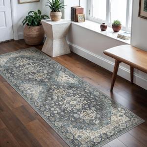 GENIMO 2x5 Washable Runner Rug for Hallway, Vintage Non Slip Low Pile Carpet, Soft Lightweight Printed Rug for Entryway, Kitchen, Corridor & Home Office, Slate Gray Blue