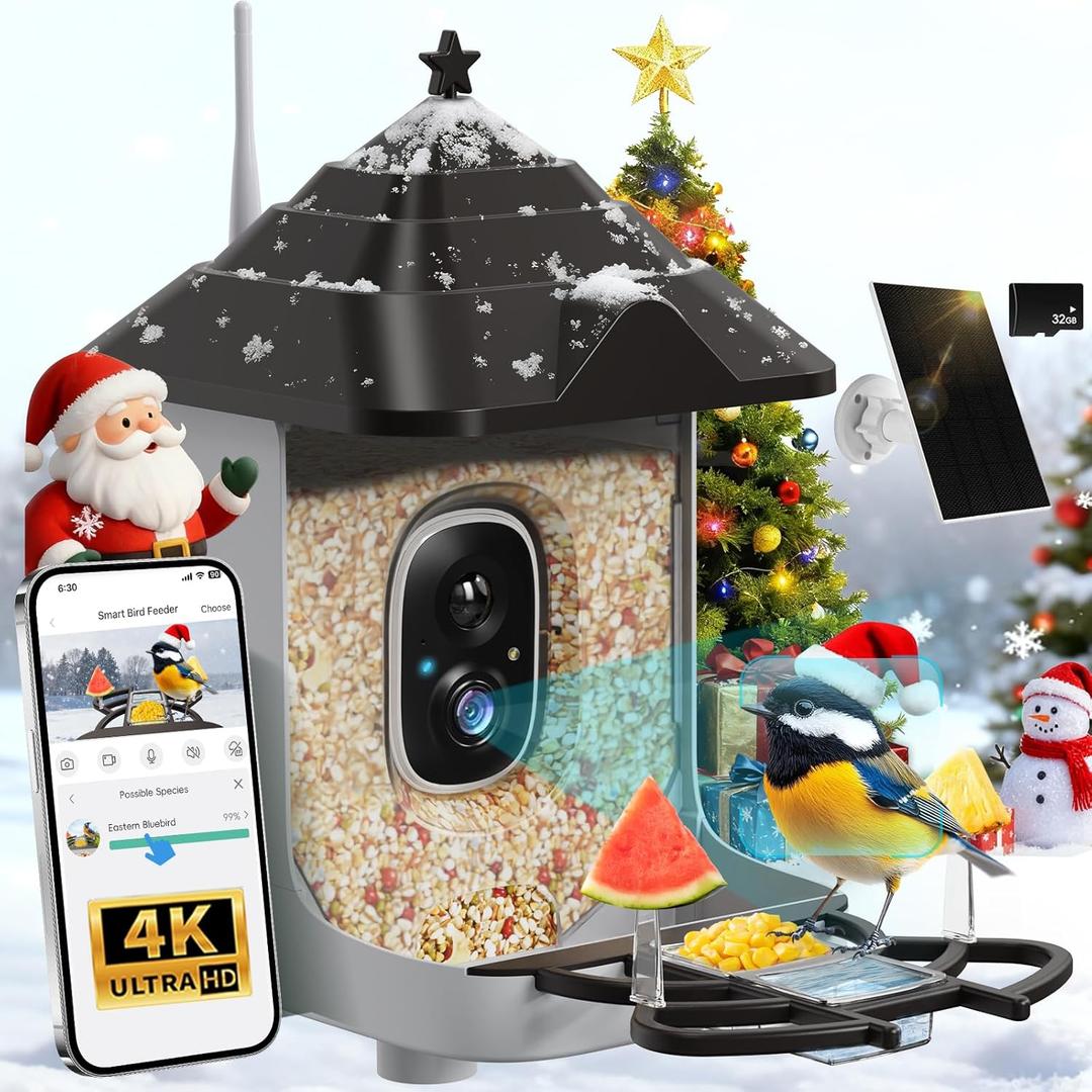 Smart Bird Feeder with Camera, with AI Identify Birds Species & Solar Panel, WiFi Birdfeeder with Cam, 4K HD Live View, Chew-Proof & Waterproof Design, Real-Time App Alerts, Bird Lover's Companion