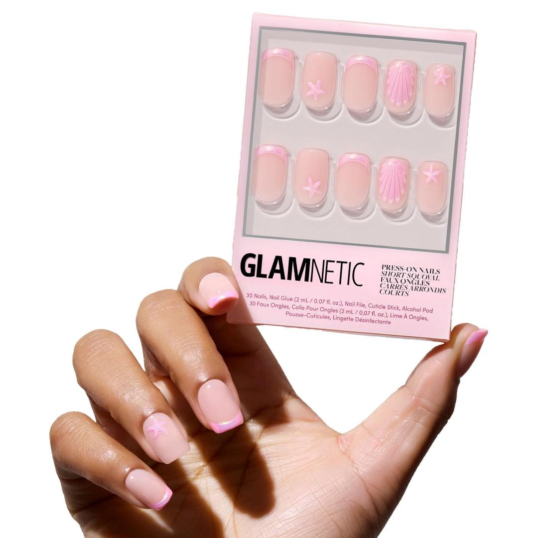 Glamnetic Press On Nails - Blush Dunes | Short Squoval Fake Nails with Pink French Tips and 3D Accents, Reusable Summer Nails | 15 Sizes - 30 Nail Kit with Glue
