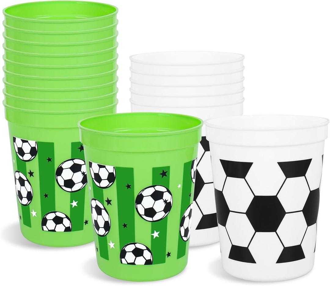 Whaline 24 Pcs Soccer Plastic Cups Sports Soccer Ball Disposable Cups 16 oz Party Drinkware for Birthday Sports Party Supplies, 2 Designs
