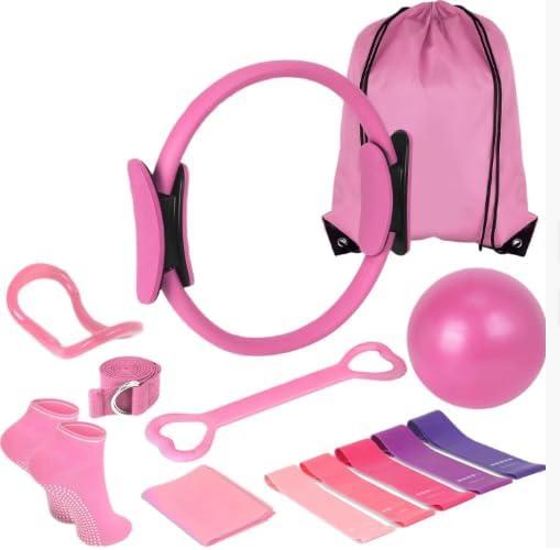 Home Pilates Kit for Women Pilates Ring & Ball Set, Magic Circle Hoop with 5 Resistance Bands (Pink)