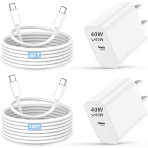 iPhone 17 16 15 Charger 40W Super Fast Charging USB C Charger Block iPhone 17 16 15 Air Pro Max Charger with 6FT &10FT Type C Charger Cable for Apple iPhone Charger and All USB C Charging Devices (White)