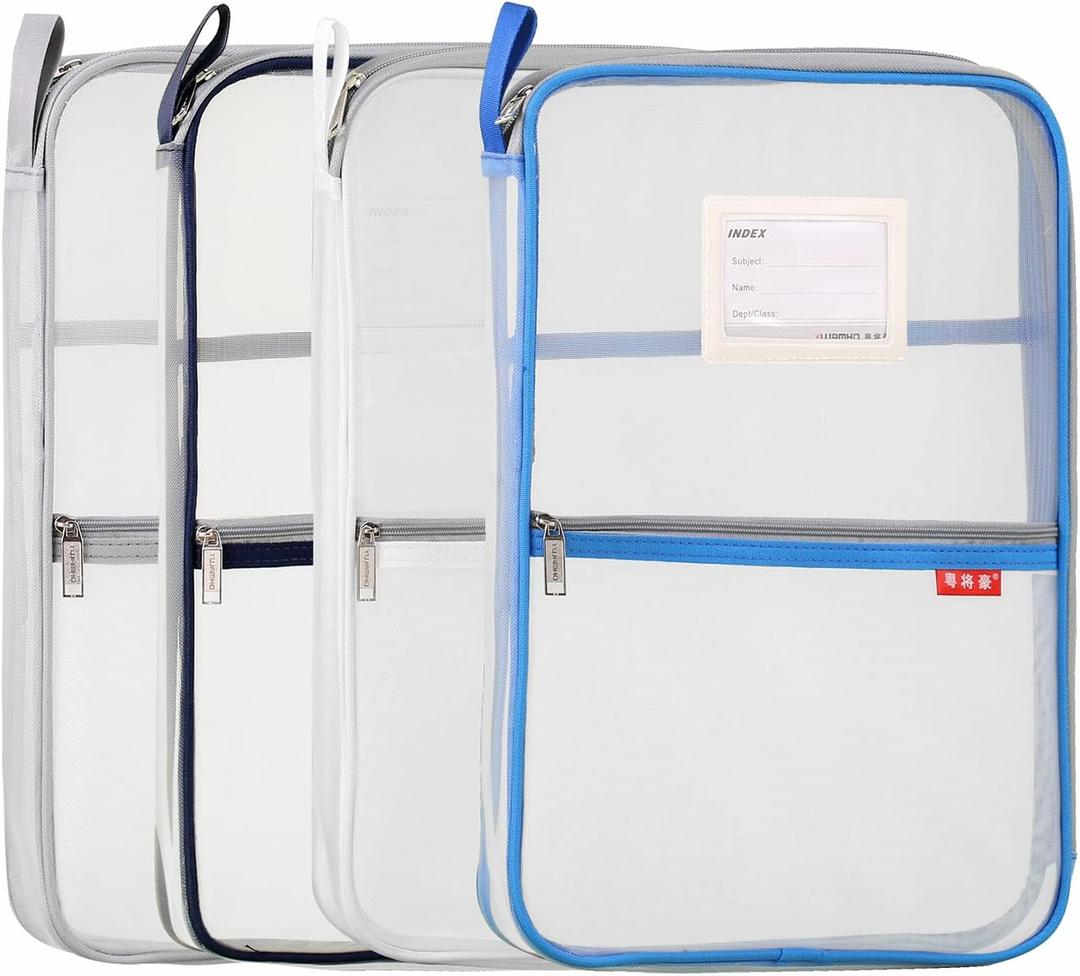 Pendancy Mesh Zipper Pouch 14.8x10.8 in Transparent Lightweight Nylon File Folders, A4 Size Multi-layer Subject Document Organizer Accessories Storage bag for Office and School Supplies(4 PCS)