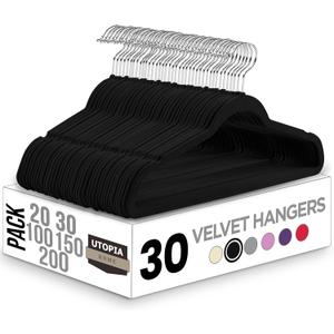 Utopia Home Velvet Hangers 30 Pack - Non-Slip Suit Hangers with 360 Degree Rotatable Hook - for Pants, Coats, Shirts & More (Black)