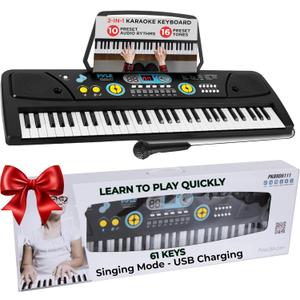 PYLE Digital Piano Kids Keyboard - Portable 61 Key Piano Keyboard, Learning Keyboard for Beginners w/ Drum Pad, Recording, Microphone, Music Sheet Stand, Built-in Speaker- 3 4 5 6 Year Old Girls, Boys