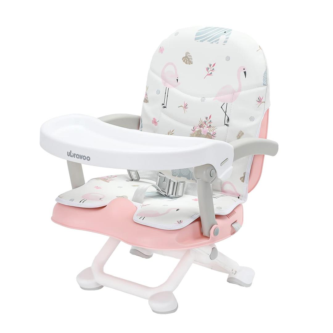 UBRAVOO 2in1 Portable Toddler Booster Seat, Grow with Baby Booster Seat for Dining Table with Removable Tray & Seat Pad, high chair for travel, ACE1013 Pink Flamingos