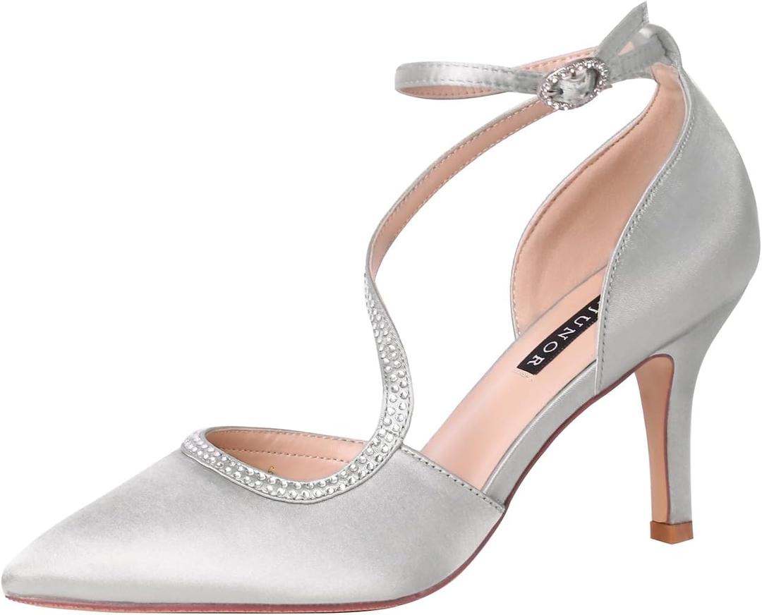 ERIJUNOR Women Comfortable Mid Heel Ankle Strappy Dress Pumps Pointed Toe Satin Wedding Evening Party Shoes (9, Silver-Stone)